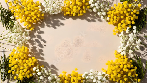 Yellow Mimosa And White Baby's Breath Floral Border Flat Lay