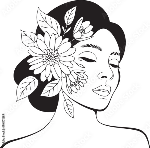 Black and white illustration of a woman with flowers in her hair  a beautiful woman with a flower in her hair and closed eyes  a drawing of a woman with a flower on her face