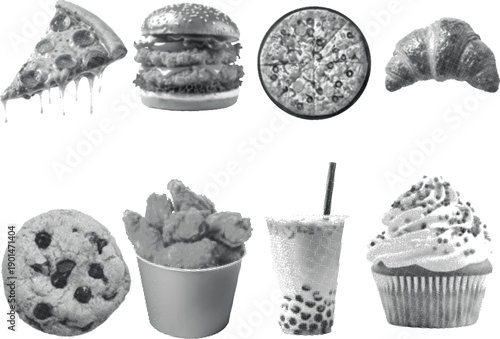 Silhouette of various desserts and snacks in black and white