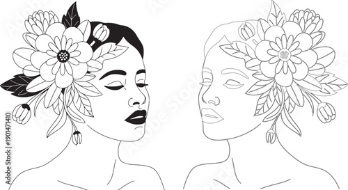 Line drawing of two women with flowers in their hair  one colored in and one outline  side profile  elegant minimalist style