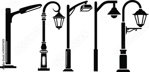 Silhouette of various street lamps and lighting fixtures