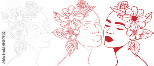 Minimalist line art portraits of women with flowers in hair  elegant simple illustrations of female faces with floral headpieces  serene and peaceful  line drawings