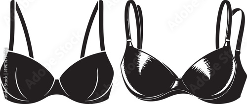 Two black bras with shiny details and thin straps for womens clothing and fashion accessories  lingerie