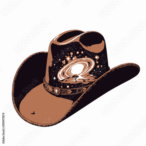 Surreal Cowboy Hat with Cosmic Galaxy and Desert Landscape Capturing Stars, Space, and Nature's Mystical Connection under a Vast Universe