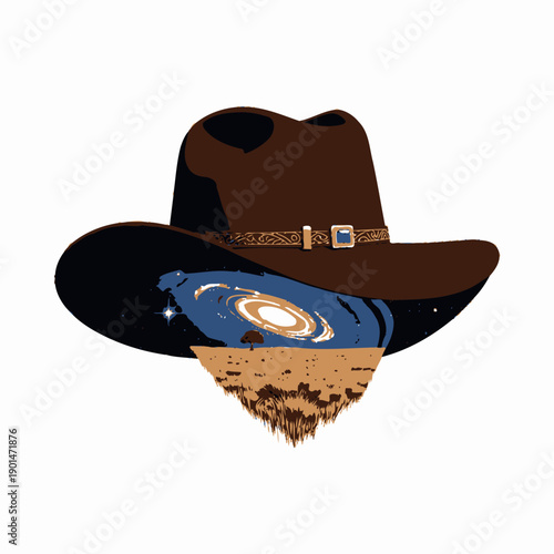 Imaginative Fusion of a Cowboy Hat with Expansive Galactic Landscape and Surreal Desert Scene under Starry Night Sky