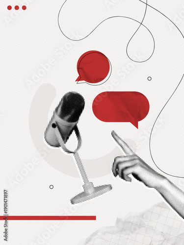 Trendy Halftone Collage Online Broadcasting concept. Audio recording of interview. Microphone with speech bubble messages. Talking in podcast. Streaming service. Contemporary vector illustration art