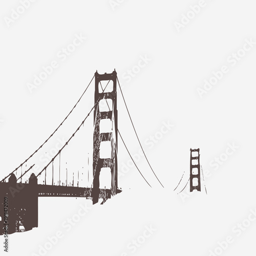 Iconic suspension bridge enveloped in a thick layer of atmospheric fog, showcasing its majestic architecture amidst a dreamy, ethereal white backdrop