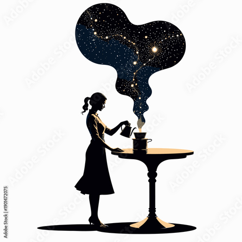 Silhouette of a woman brewing a galaxy of stars and constellations from a pot on a stand, capturing a blend of cosmic wonder and culinary mystery