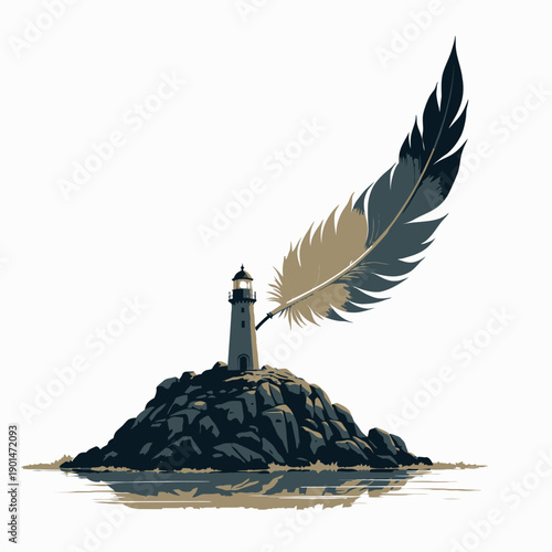 Majestic Lighthouse on Rugged Island Illuminated by Giant Feather with Dramatic Sunset Background
