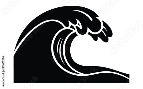 A stylized illustration of a large ocean wave cresting and curling