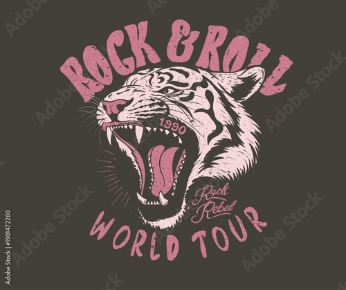 Rock and roll t shirt design. Tiger face design. Animal rock and roll artwork for fashion and others.