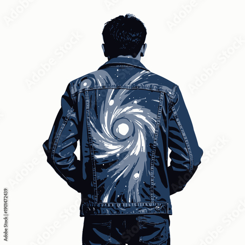 Blue Denim Jacket with Cosmic Galaxy Design Featuring Swirling Planets and Shining Stars Against a Dark Background