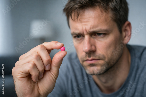 Man holding a pink pill between fingers, looking at it with concern and focus, medication decision, health and treatment concept, close-up detail, indoor lifestyle, modern healthcare.