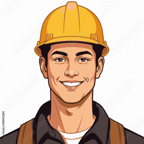 Illustration of a smiling young construction worker wearing a yellow hard hat and black uniform portrait against a neutral background yet full of optimism