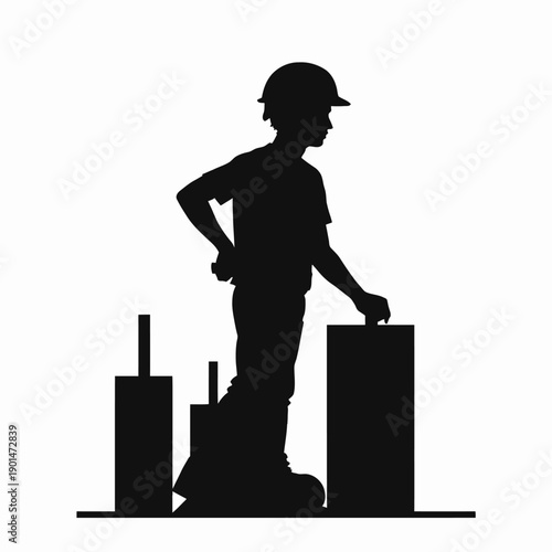 Silhouette of construction worker with safety helmet standing confidently against a stark background with abstract architectural structures and equipment