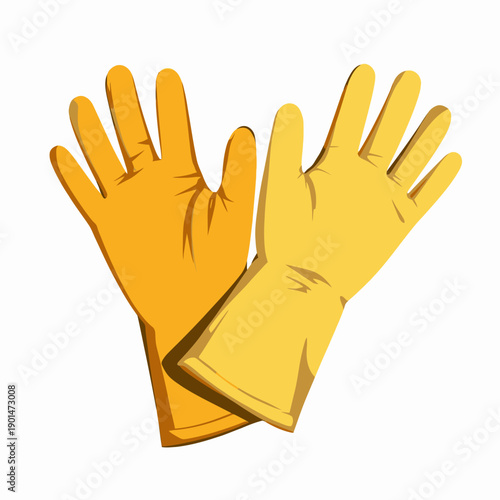 Illustration of Two Yellow Rubber Gloves Positioned Upright in a Symmetrical Arrangement, Displaying the Inner Side of Each Glove on a White Background