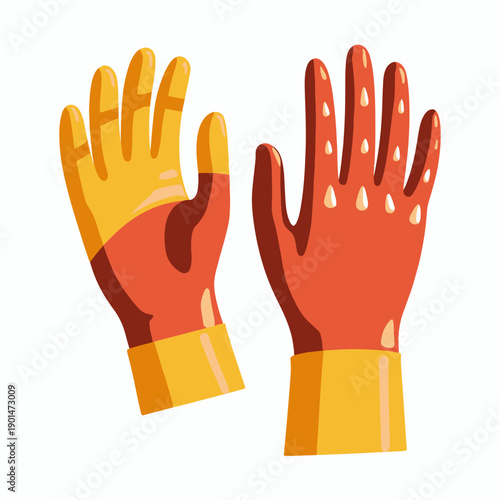 Colorful Illustration of Two Protective Gloves with Yellow and Red Design Showing Front and Back Views