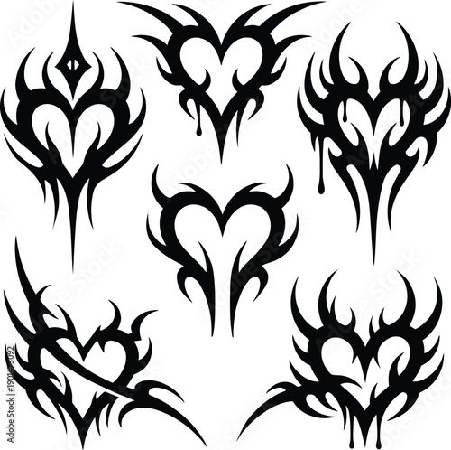 Set of sharp black tribal heart silhouettes with edgy gothic spikes and dripping ink effects for alternative street wear, punk stickers and creative tattoo art.
