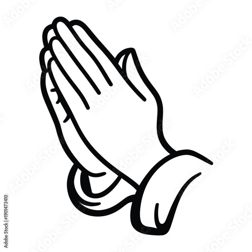 Simple black and white line art drawing of two hands pressed together in prayer gesture