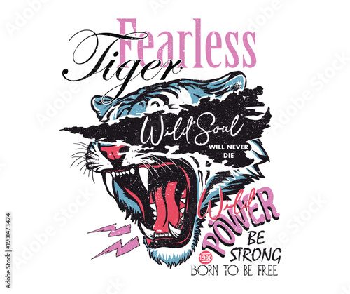 Tiger rock and roll poster design. Fearless tiger print design. Wild at the heart vector. Tiger face with rose flower artwork. Animal rock and roll artwork for fashion and others.