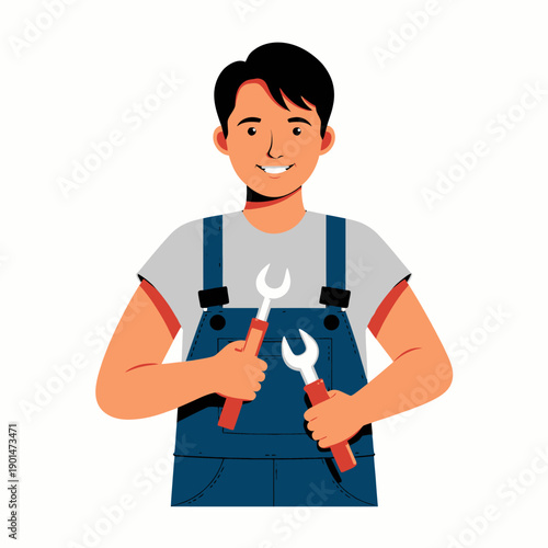 Smiling mechanic holding red and yellow wrenches, wearing blue overalls and grey shirt, symbolizing skillful automotive maintenance and repair expertise in workshop