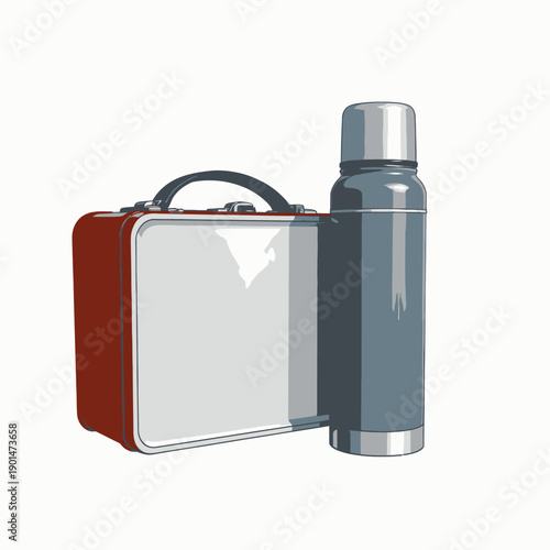 Illustration of a Classic Red Lunchbox and a Blue Thermos Bottle Positioned Side by Side on a White Background