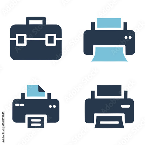 Set of four business and printing icons briefcase, printer with paper output, printer with paper input, and standard printer icon
