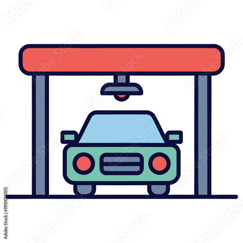 Car service station icon automobile repair shop lift with vehicle under inspection light simple flat design