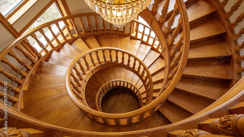 Wallpaper Mural Top View of Grand Spiral Wooden Staircase in Luxury Mansion Torontodigital.ca