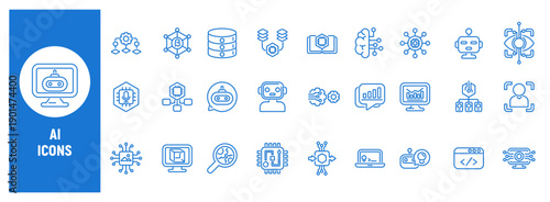 AI technology line icon set for artificial intelligence systems