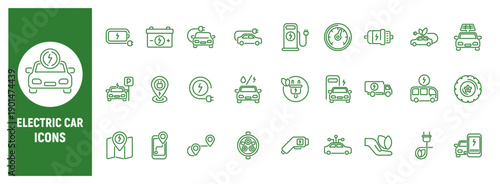 Electric car line icon set for charging and mobility