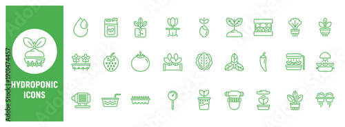 Hydroponic gardening line icon set for plants and growth