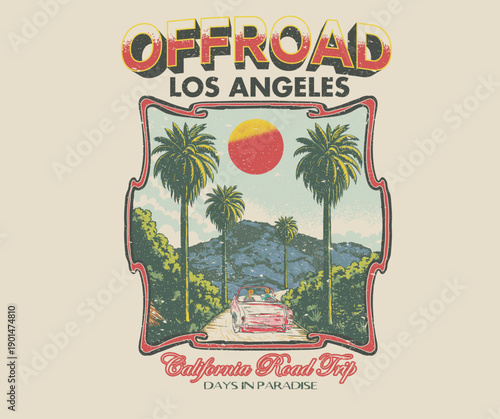 Road trip at Hollywood in California.  Offroad adventure artwork. Mountain artwork for apparel, sticker, background, poster and others. Mountain Outdoors t shirt vector design. Road trip by car.
