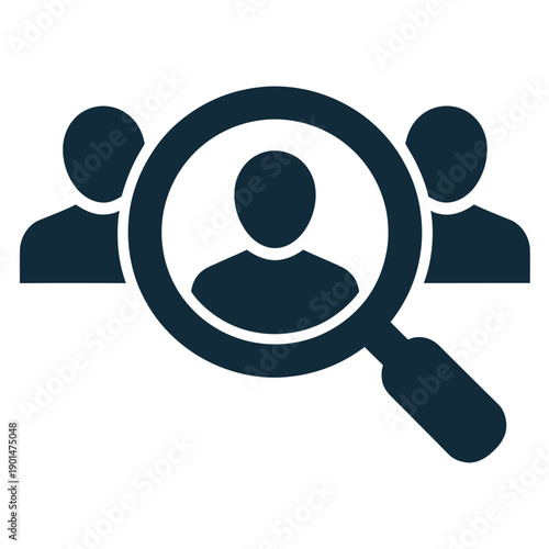 Recruitment magnifying glass focusing on one person among group of people icon