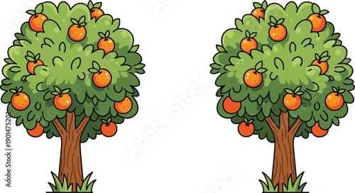 Two cartoon orange trees with green leaves and brown trunks fruit tree