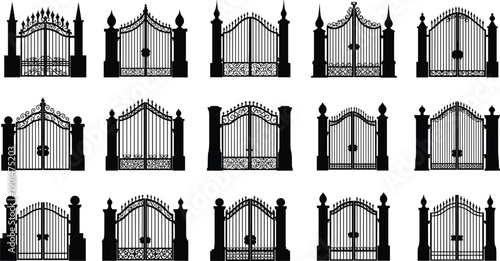 Collection of Black Ornate Wrought Iron Gates and Pillars silhouette