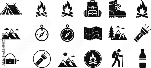 Camping and hiking including tent backpack boots compass map camping tent campfire