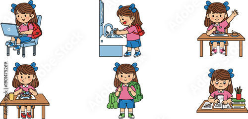 Schoolgirl daily activities with blue bows and backpack pink shirt