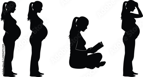 Pregnant woman silhouettes in various poses black white