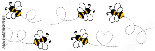Adorable bumblebees flying along dotted trail collection. Cute yellow bees with motion path. Vector illustration isolated on white for summer design projects.