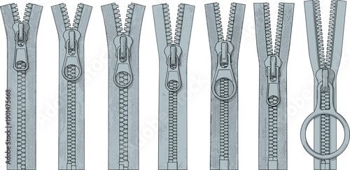 Gray metal zippers in various stages of opening and closing gray zippers zipper zippers in different positions