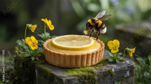 Bumblebee approaches a fresh lemon tart in a magical, mossy garden setting, blending dessert, nature, and pollinator themes