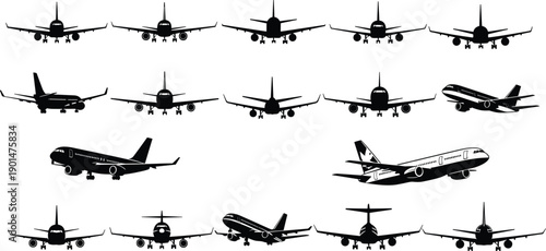 Collection of black airplane silhouettes in various views and angles aircraft aviation