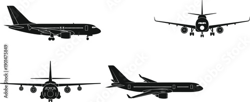 Black silhouette airplanes from multiple angles on white background aircraft