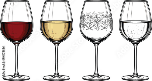 Four wine glasses with different liquids and red wine white wine 1 clear liquid sparkling water