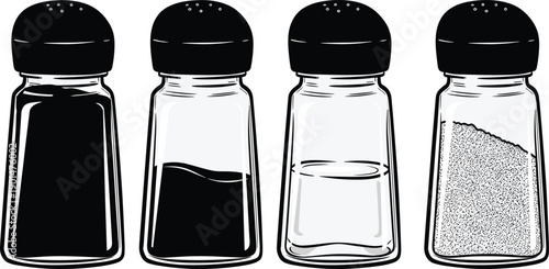 Four glass spice bottles with black caps and different contents glass bottles salt pepper