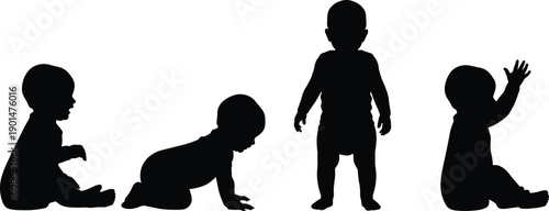 Four black silhouettes of babies in different poses baby white background crawling