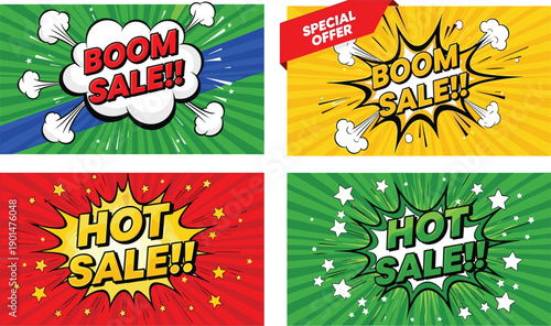 Colorful comic book style sale banners with boom and hot sale text boom sale special offer