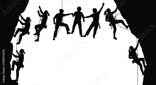 Black silhouettes of rock climbers on white background rock climbing ropes climbing gear