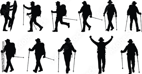 Black silhouettes of hikers with backpacks and walking poles in various poses